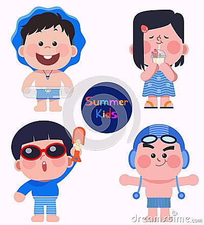 Cute and lovely summer kids in swimming suits. Cartoon Illustration
